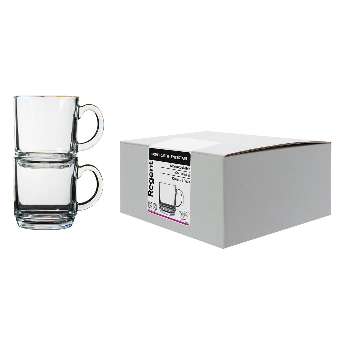 REGENT STACKABLE GLASS COFFEE MUGS 4PK, 300ML