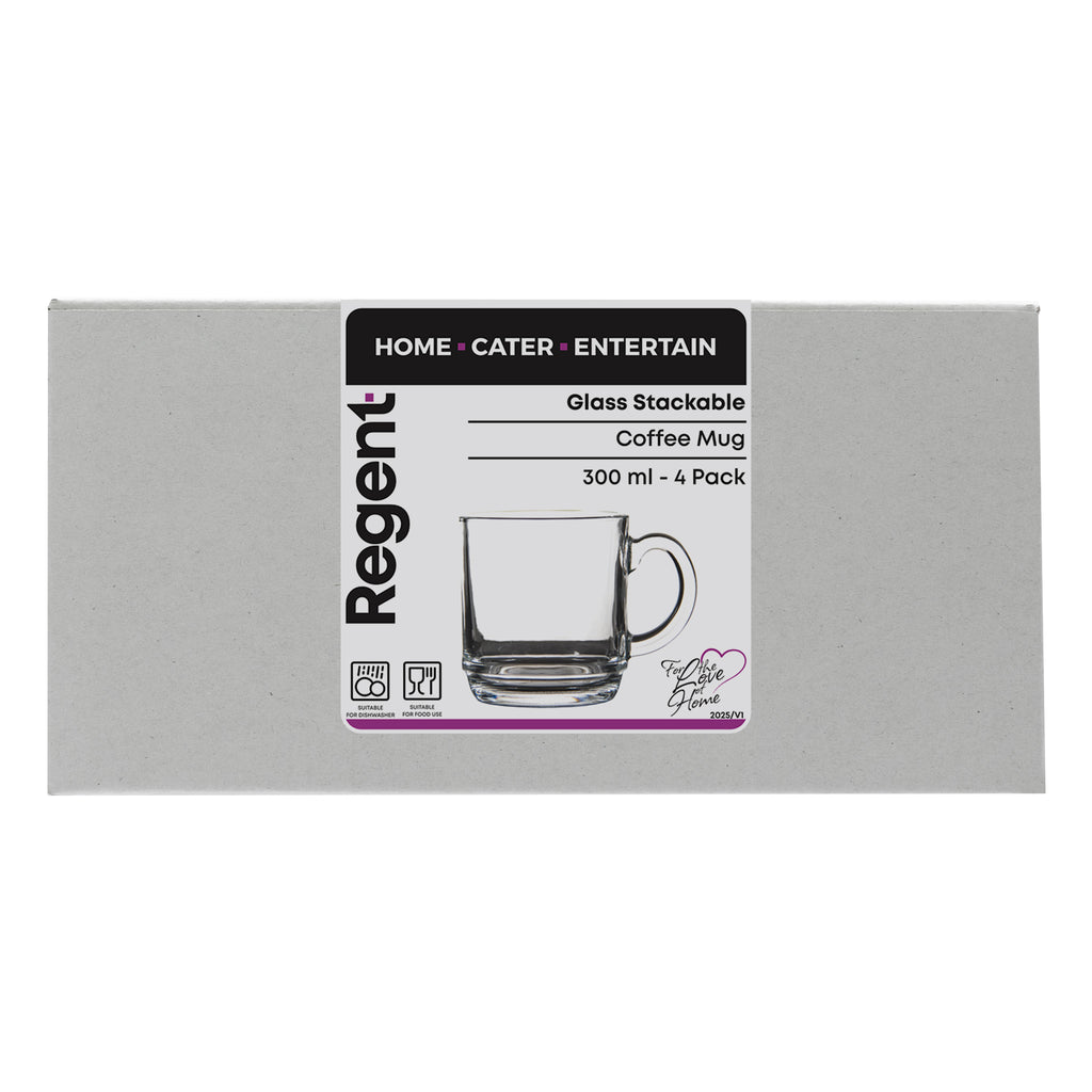 REGENT STACKABLE GLASS COFFEE MUGS 4PK, 300ML