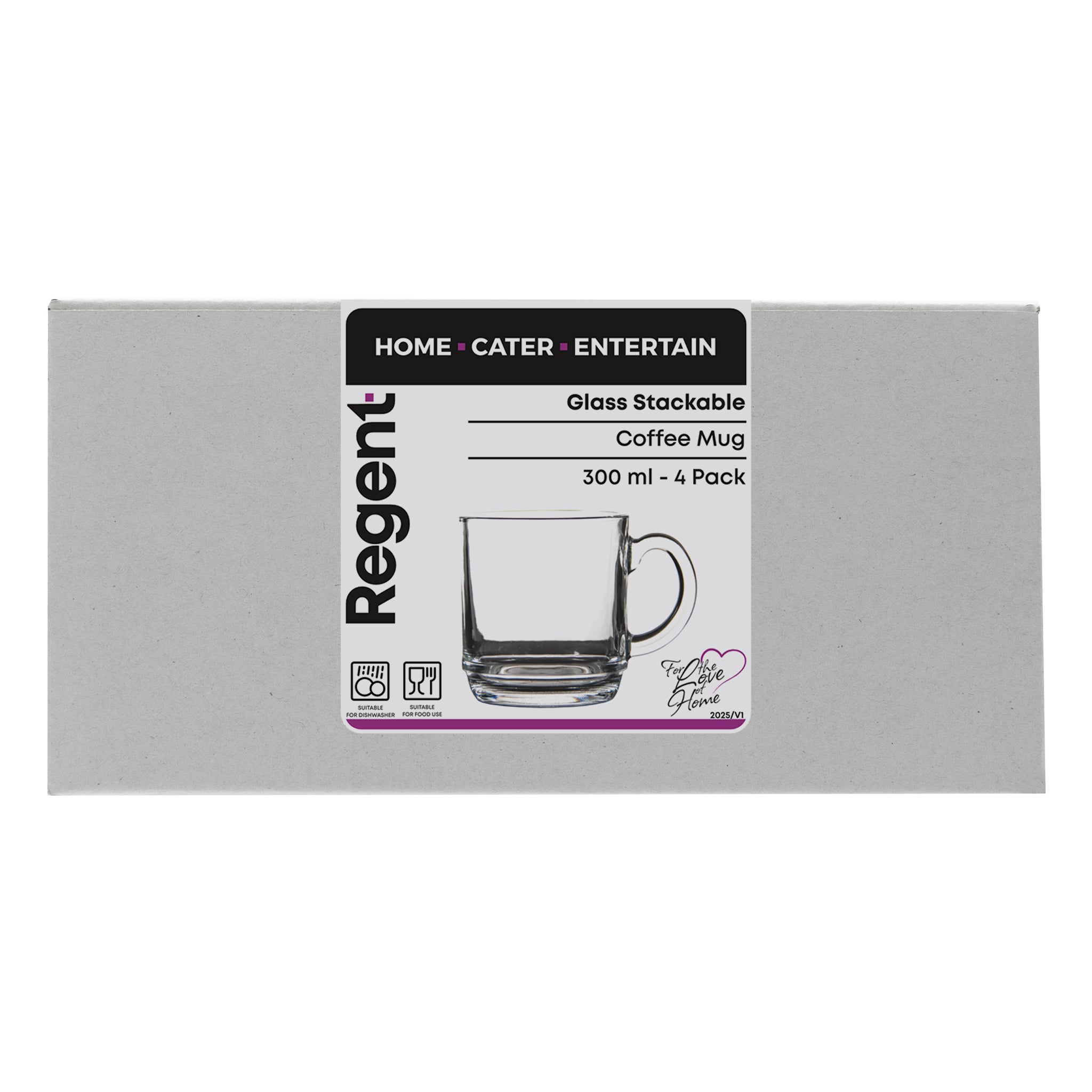 REGENT STACKABLE GLASS COFFEE MUGS 4PK, 300ML
