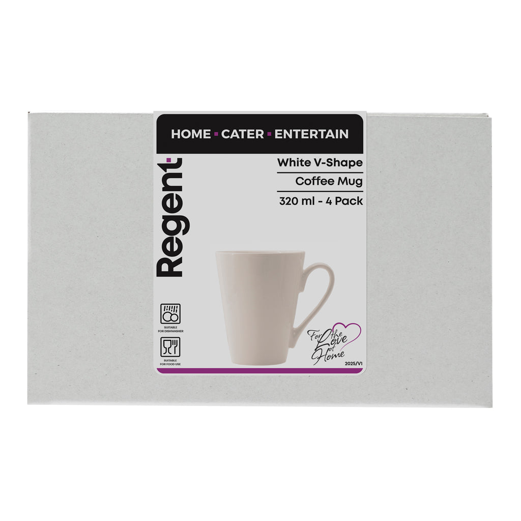 REGENT WHITE V-SHAPE COFFEE MUG 4 PACK, 320ML