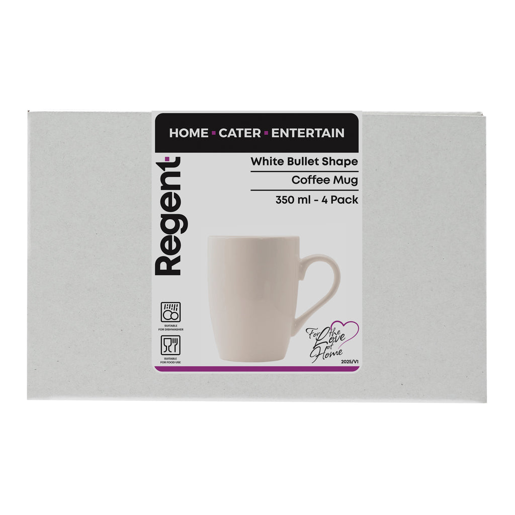 REGENT WHITE BULLET SHAPE COFFEE MUG 4 PACK, 350ML
