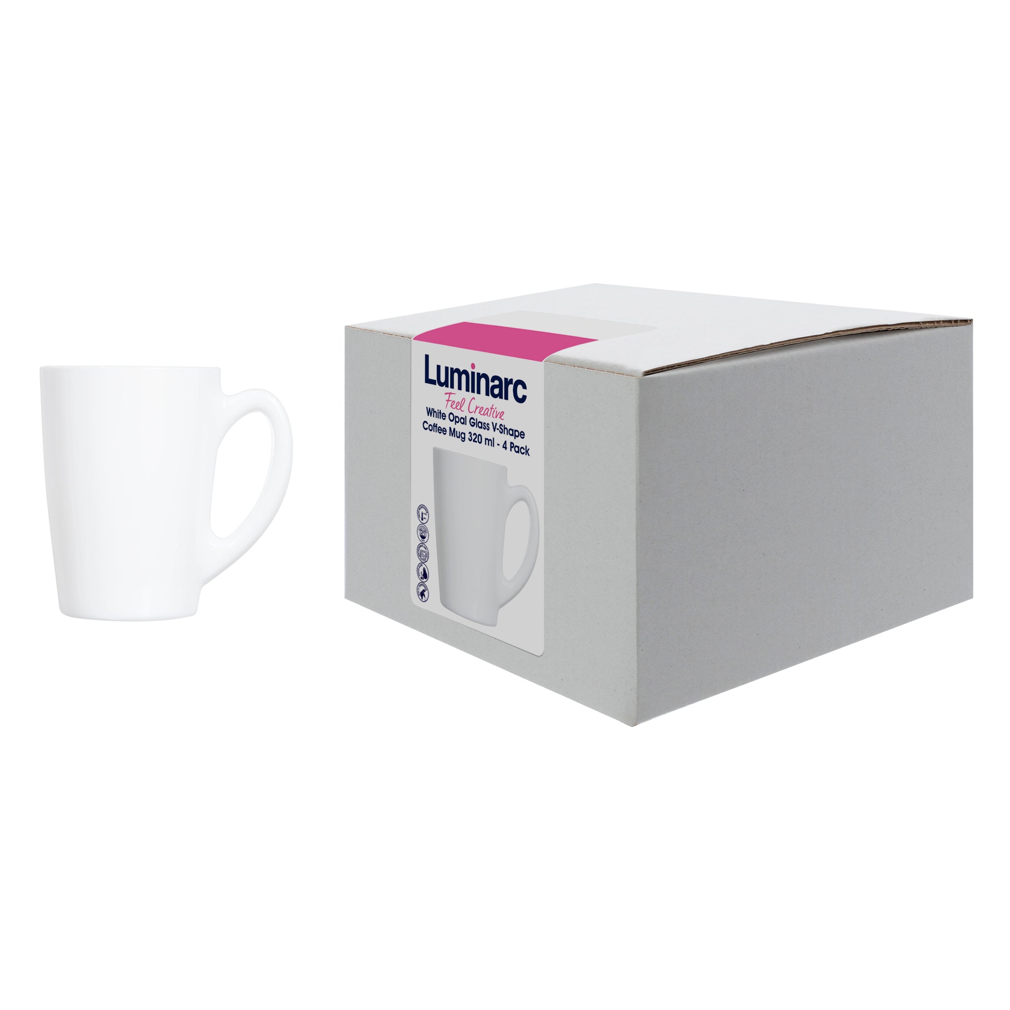 LUMINARC WHITE OPAL GLASS BULLET SHAPE COFFEE MUGS 4PK, 320ML