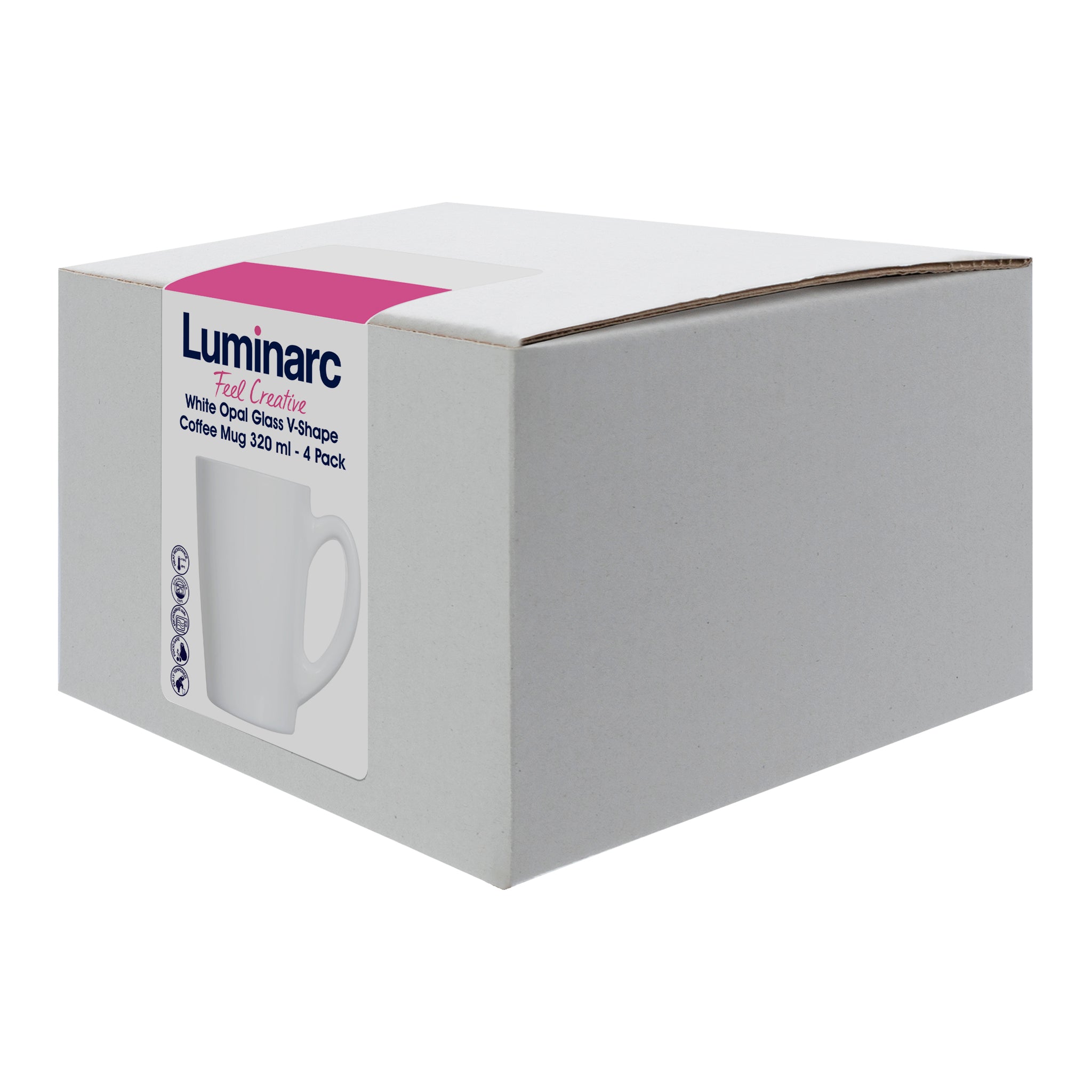 LUMINARC WHITE OPAL GLASS BULLET SHAPE COFFEE MUGS 4PK, 320ML