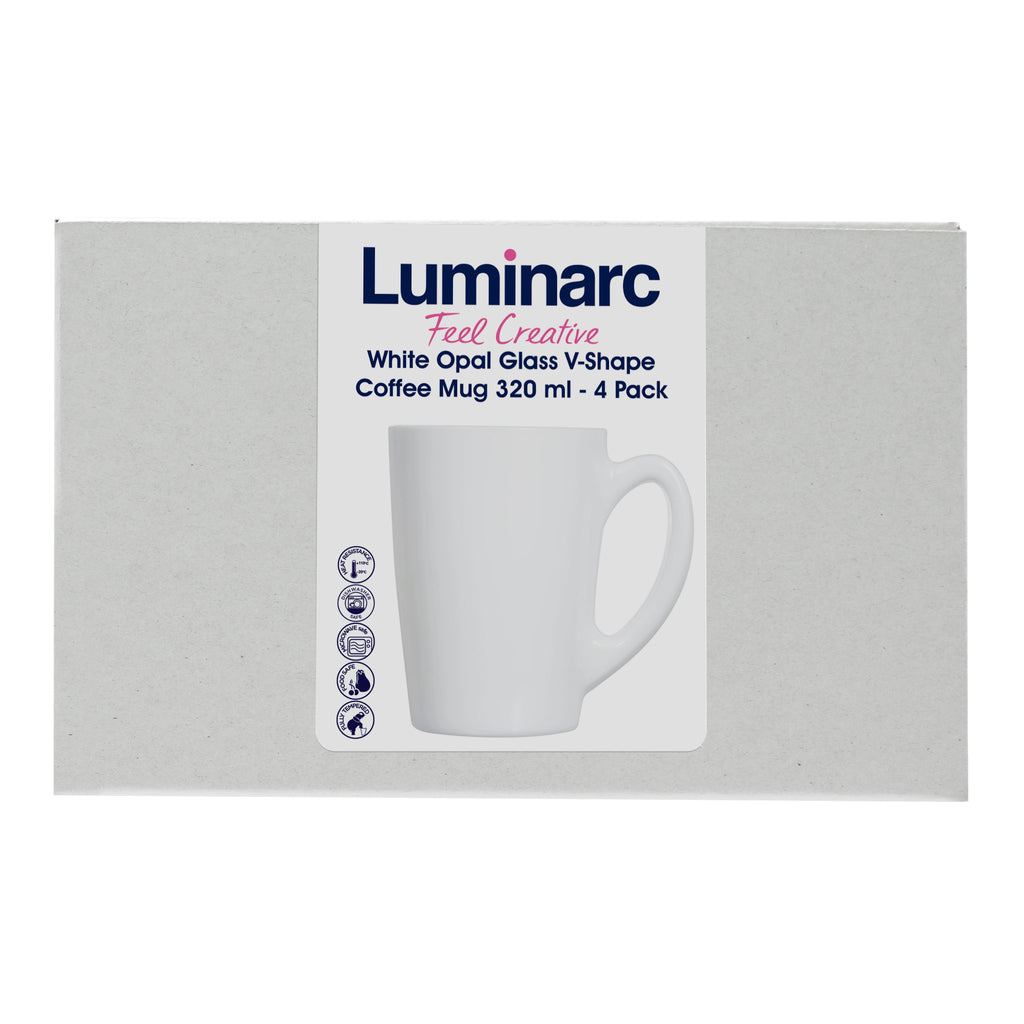 LUMINARC WHITE OPAL GLASS BULLET SHAPE COFFEE MUGS 4PK, 320ML