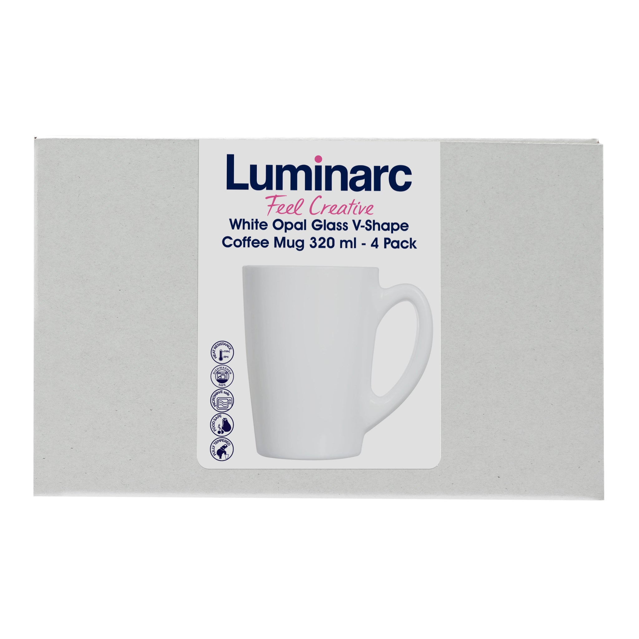 LUMINARC WHITE OPAL GLASS BULLET SHAPE COFFEE MUGS 4PK, 320ML
