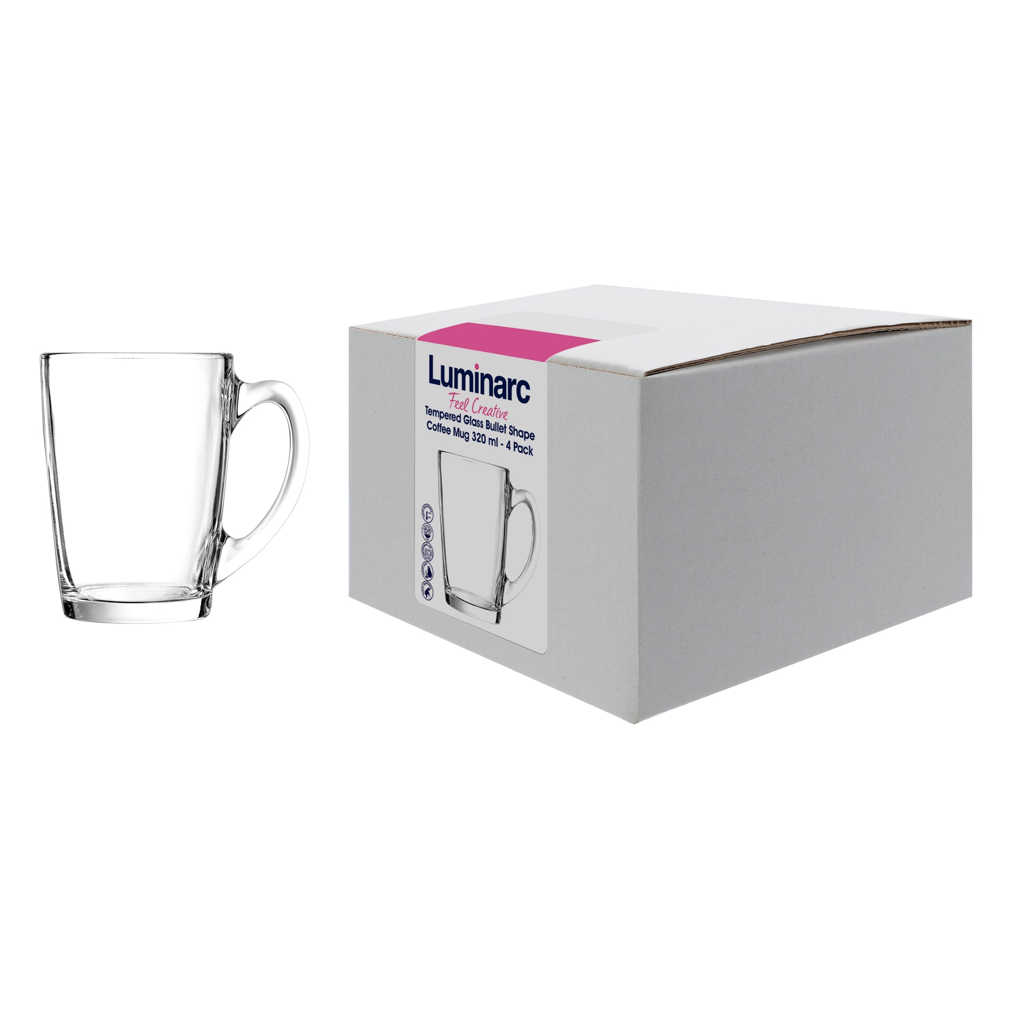 LUMINARC TEMPERED GLASS BULLET SHAPE COFFEE MUGS 4PK, 320ML