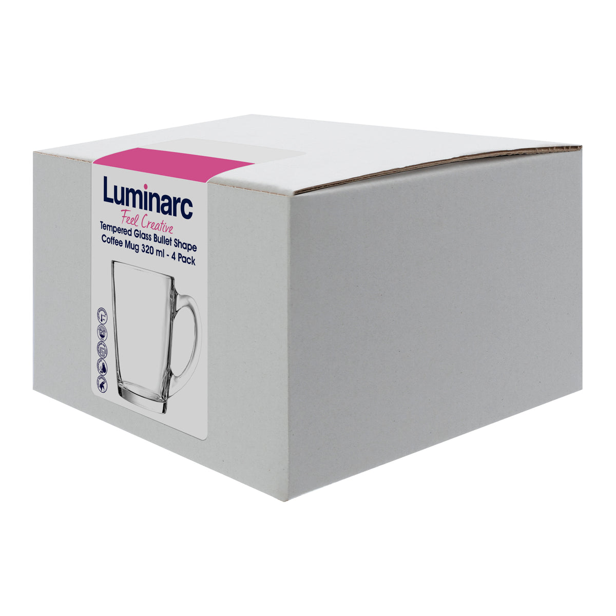 LUMINARC TEMPERED GLASS BULLET SHAPE COFFEE MUGS 4PK, 320ML