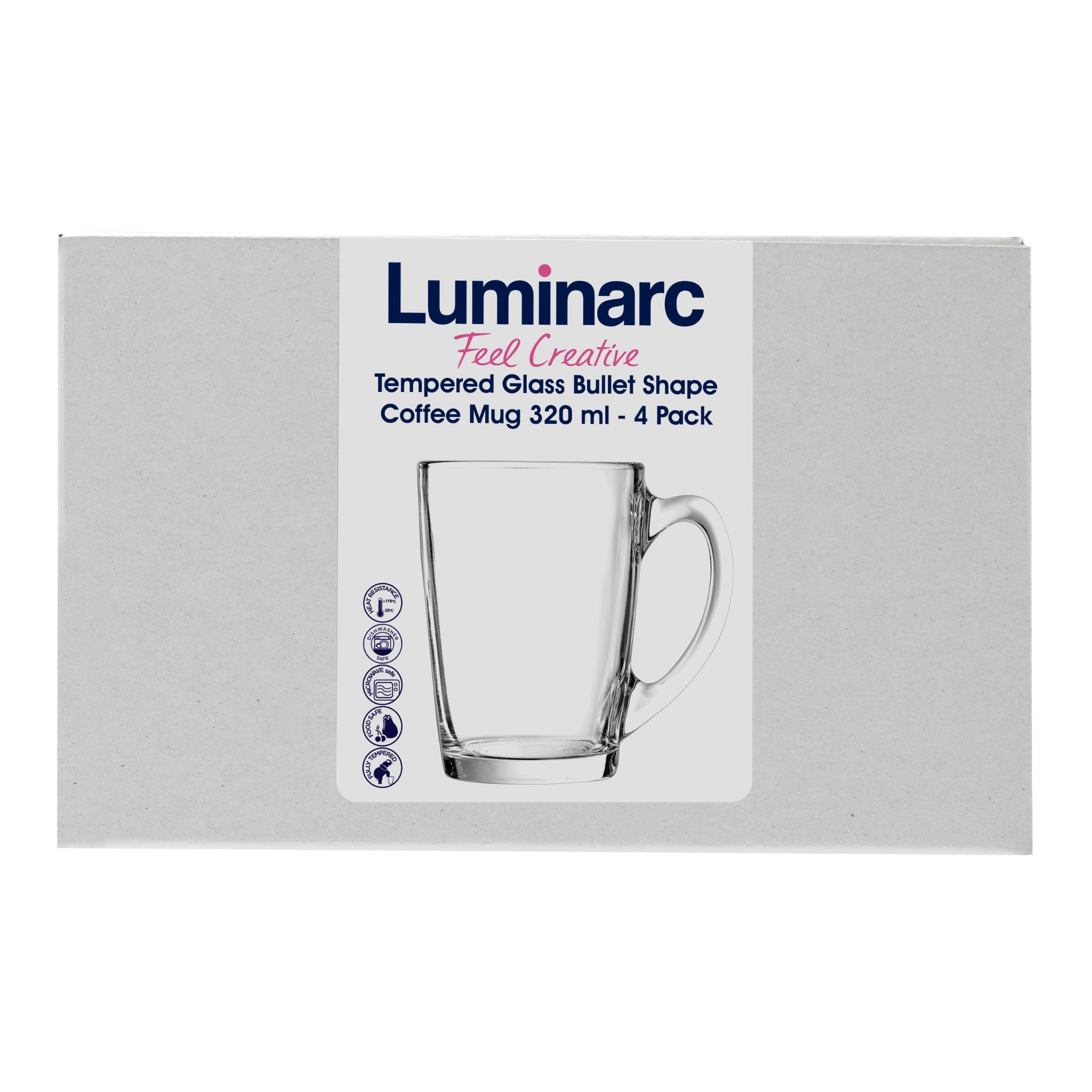 LUMINARC TEMPERED GLASS BULLET SHAPE COFFEE MUGS 4PK, 320ML