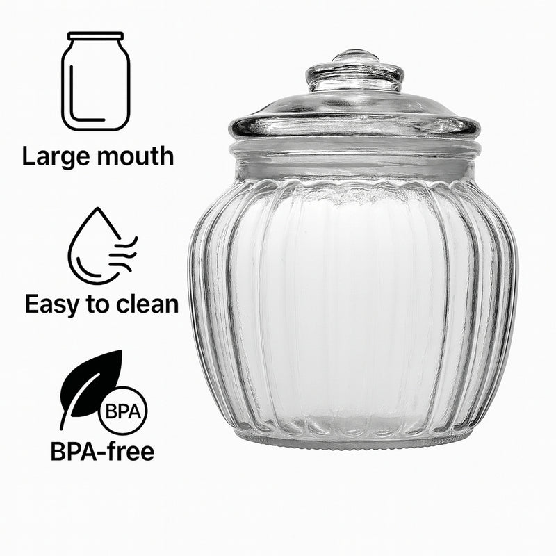 REGENT ROUND RIBBED GLASS JAR WITH GLASS LID, 670ML