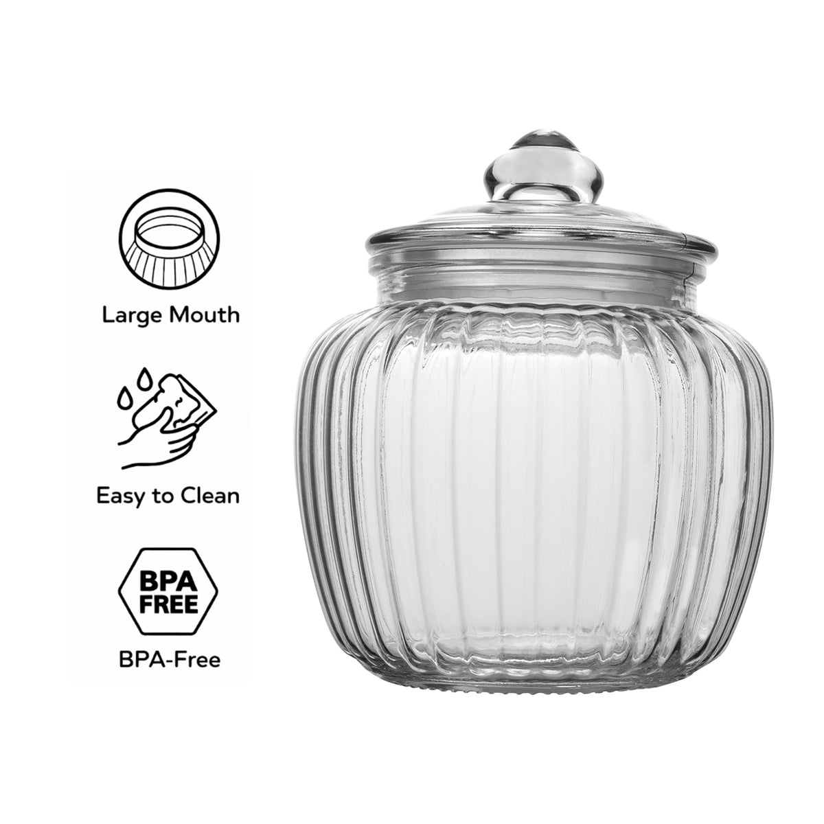 REGENT ROUND RIBBED GLASS JAR WITH GLASS LID, 1.5L
