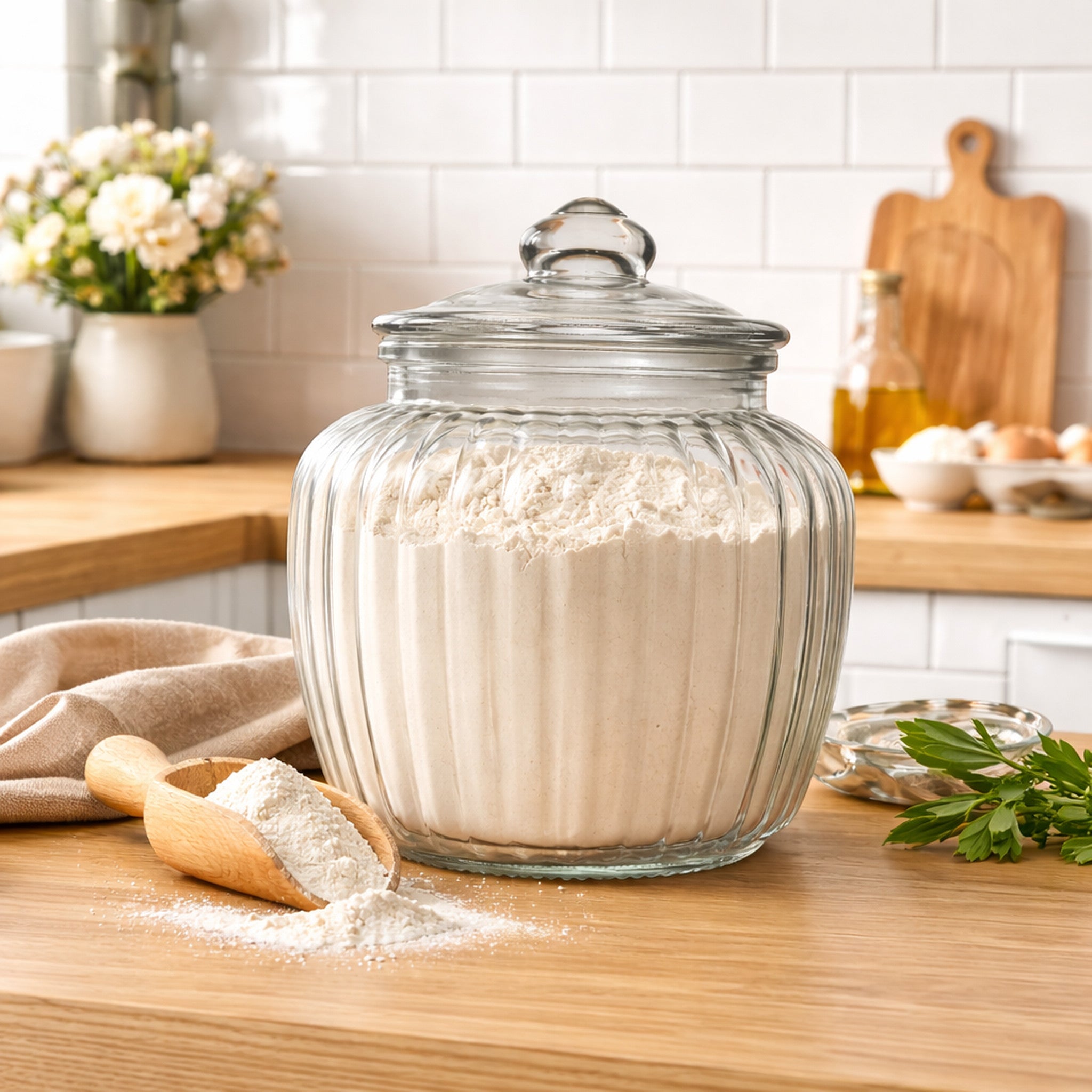 REGENT ROUND RIBBED GLASS JAR WITH GLASS LID, 1.5L