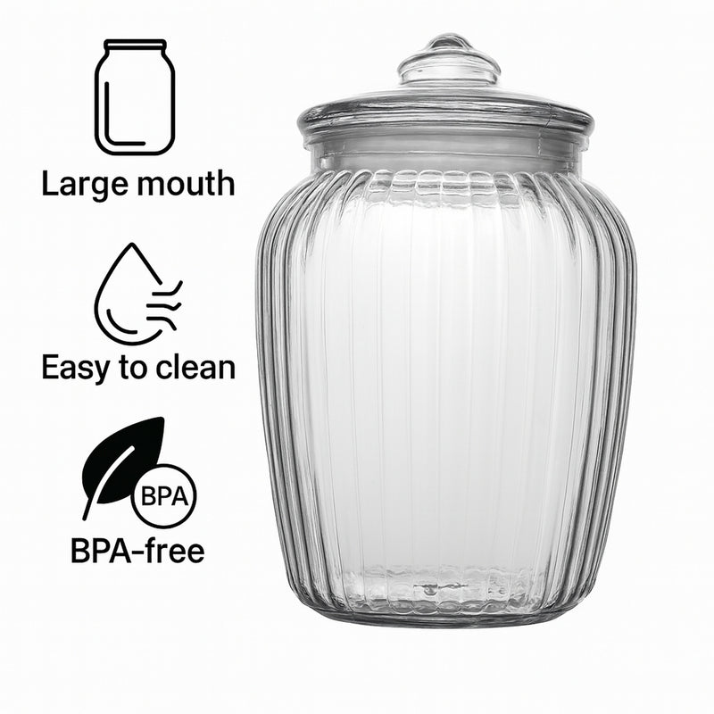 REGENT ROUND RIBBED GLASS JAR WITH GLASS LID, 2.4L