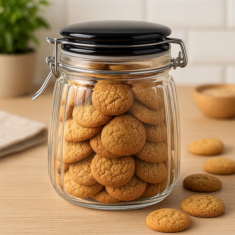 REGENT RIBBED HERMETIC GLASS CANISTER WITH BLACK CERAMIC LID AND METAL CLIP, 950ML