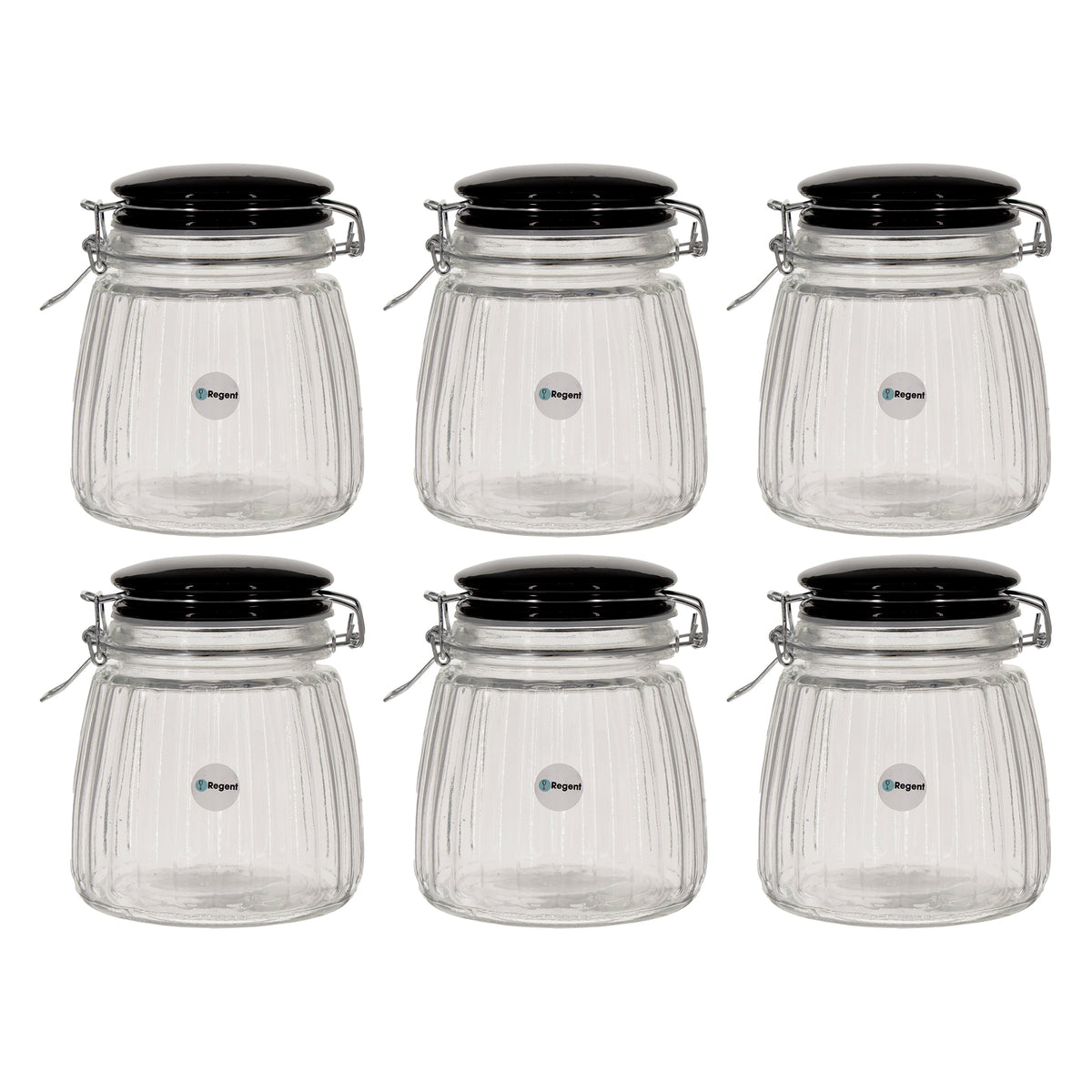 REGENT RIBBED HERMETIC GLASS CANISTER WITH BLACK CERAMIC LID AND METAL CLIP, 950ML