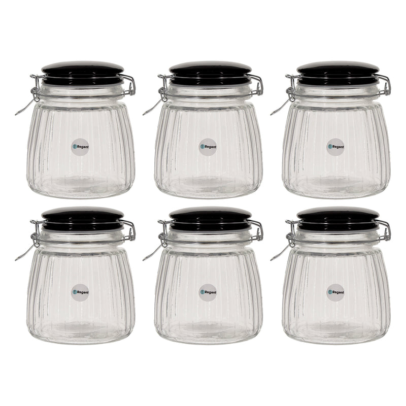 REGENT RIBBED HERMETIC GLASS CANISTER WITH BLACK CERAMIC LID AND METAL CLIP, 950ML