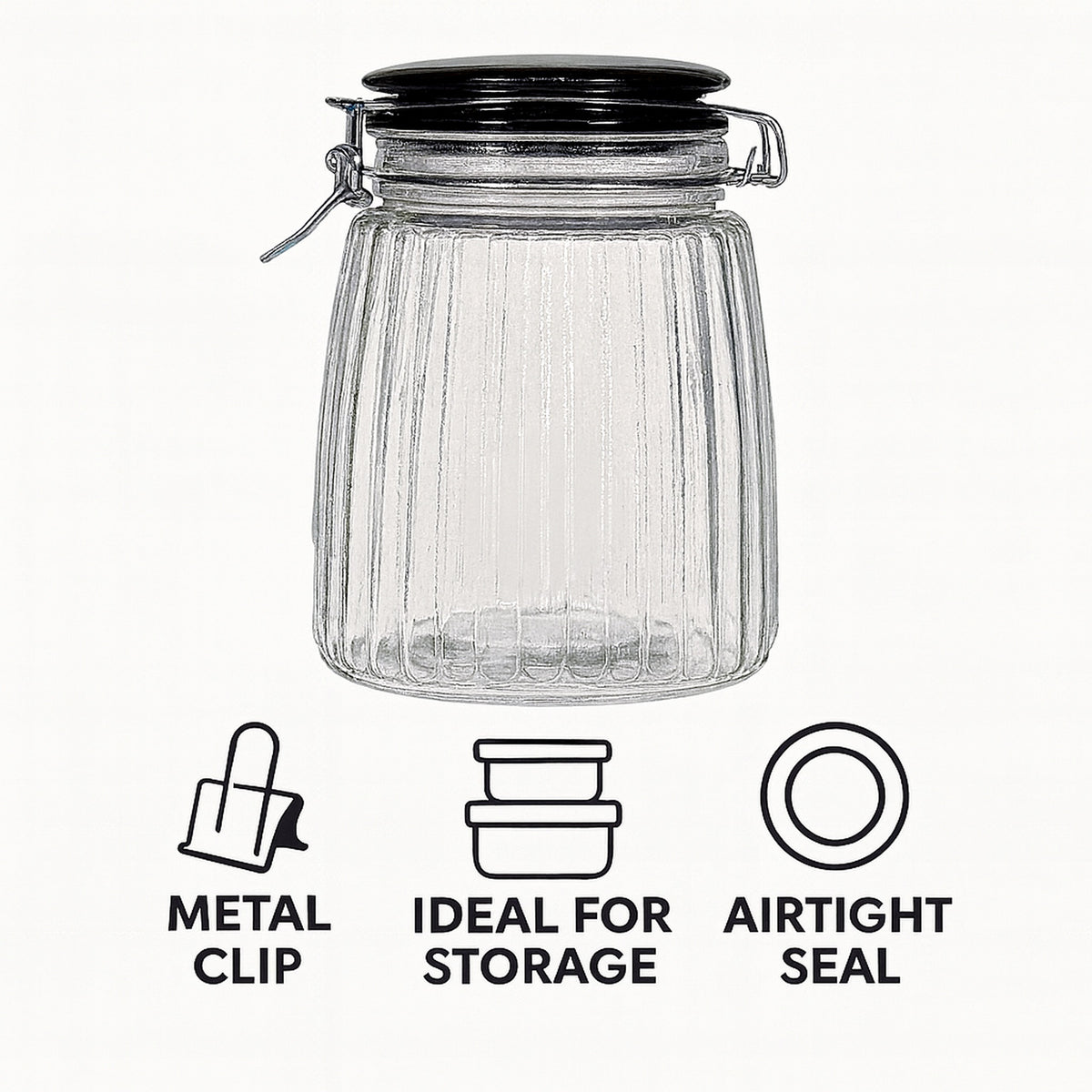 REGENT RIBBED HERMETIC GLASS CANISTER WITH BLACK CERAMIC LID AND METAL CLIP, 1.35L