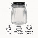 REGENT RIBBED HERMETIC GLASS CANISTER WITH BLACK CERAMIC LID AND METAL CLIP, 1.35L