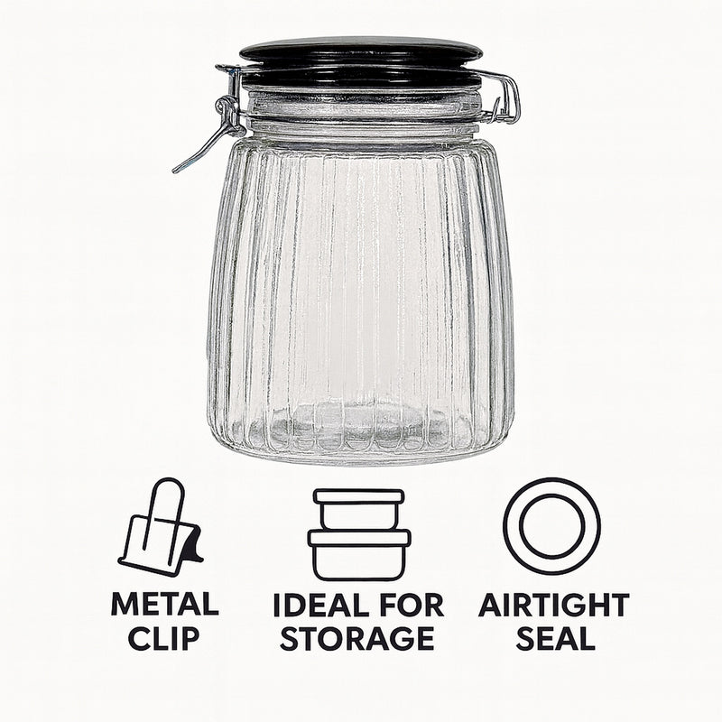 REGENT RIBBED HERMETIC GLASS CANISTER WITH BLACK CERAMIC LID AND METAL CLIP, 1.35L