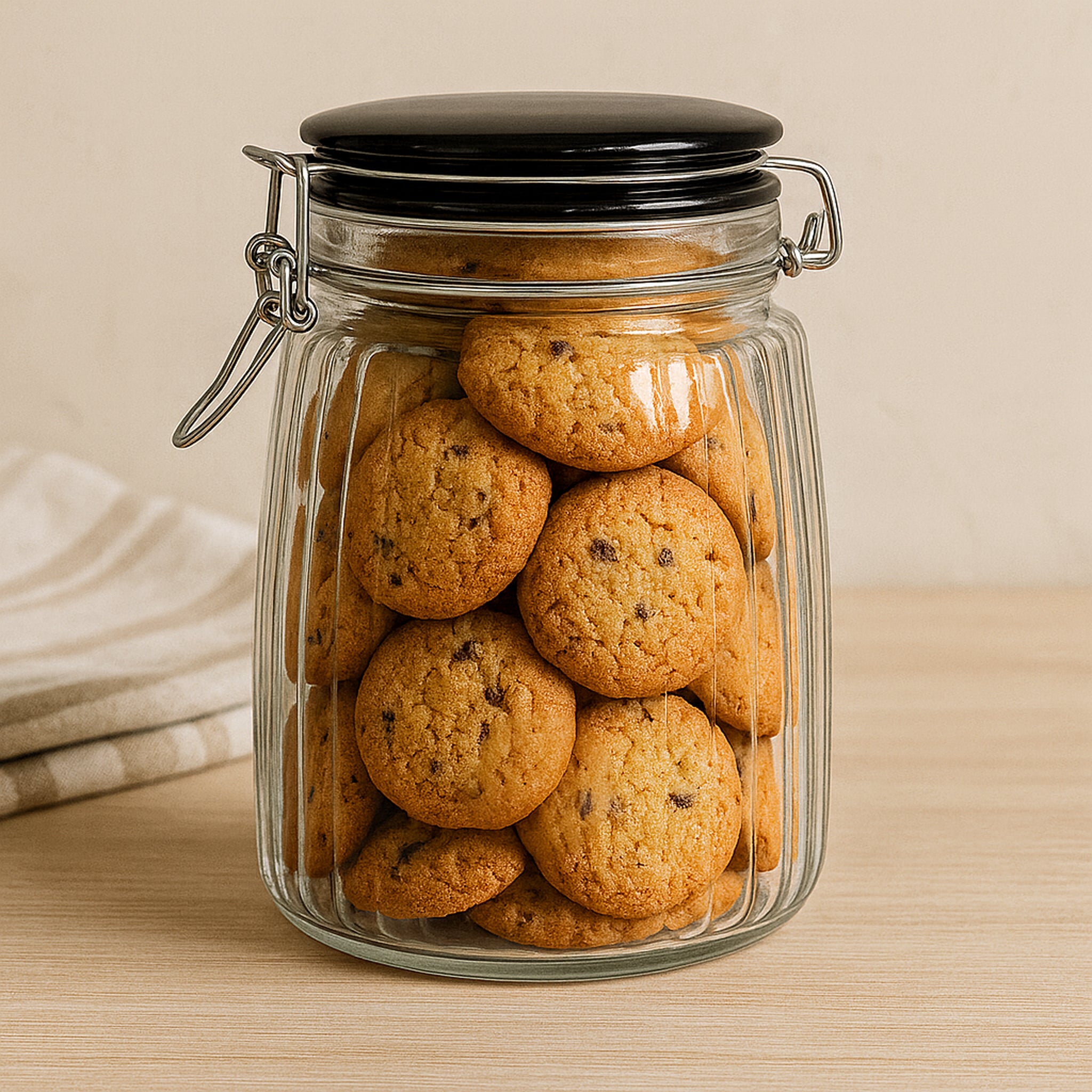 REGENT RIBBED HERMETIC GLASS CANISTER WITH BLACK CERAMIC LID AND METAL CLIP, 1.35L
