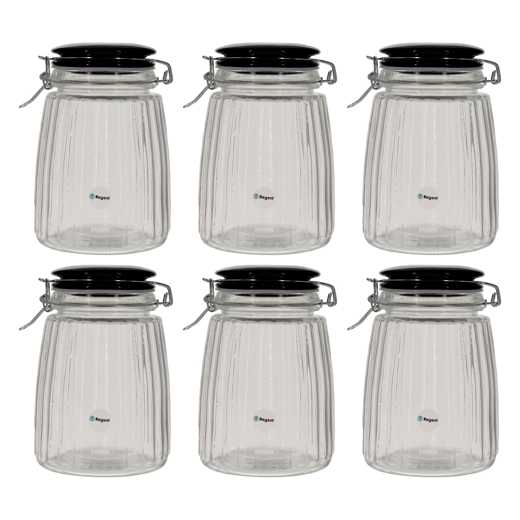 REGENT RIBBED HERMETIC GLASS CANISTER WITH BLACK CERAMIC LID AND METAL CLIP, 1.35L