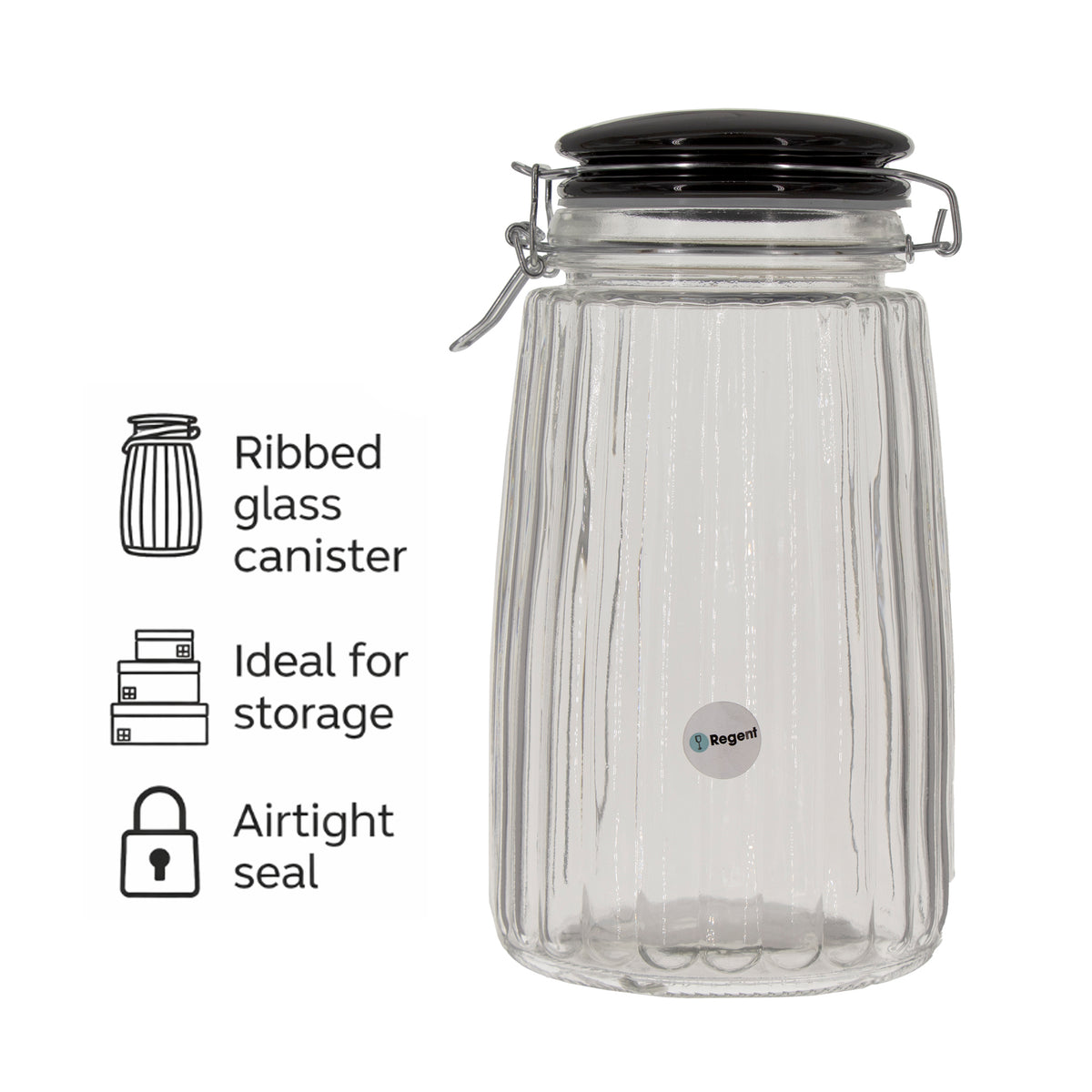 REGENT RIBBED HERMETIC GLASS CANISTER WITH BLACK CERAMIC LID AND METAL CLIP, 1.8L