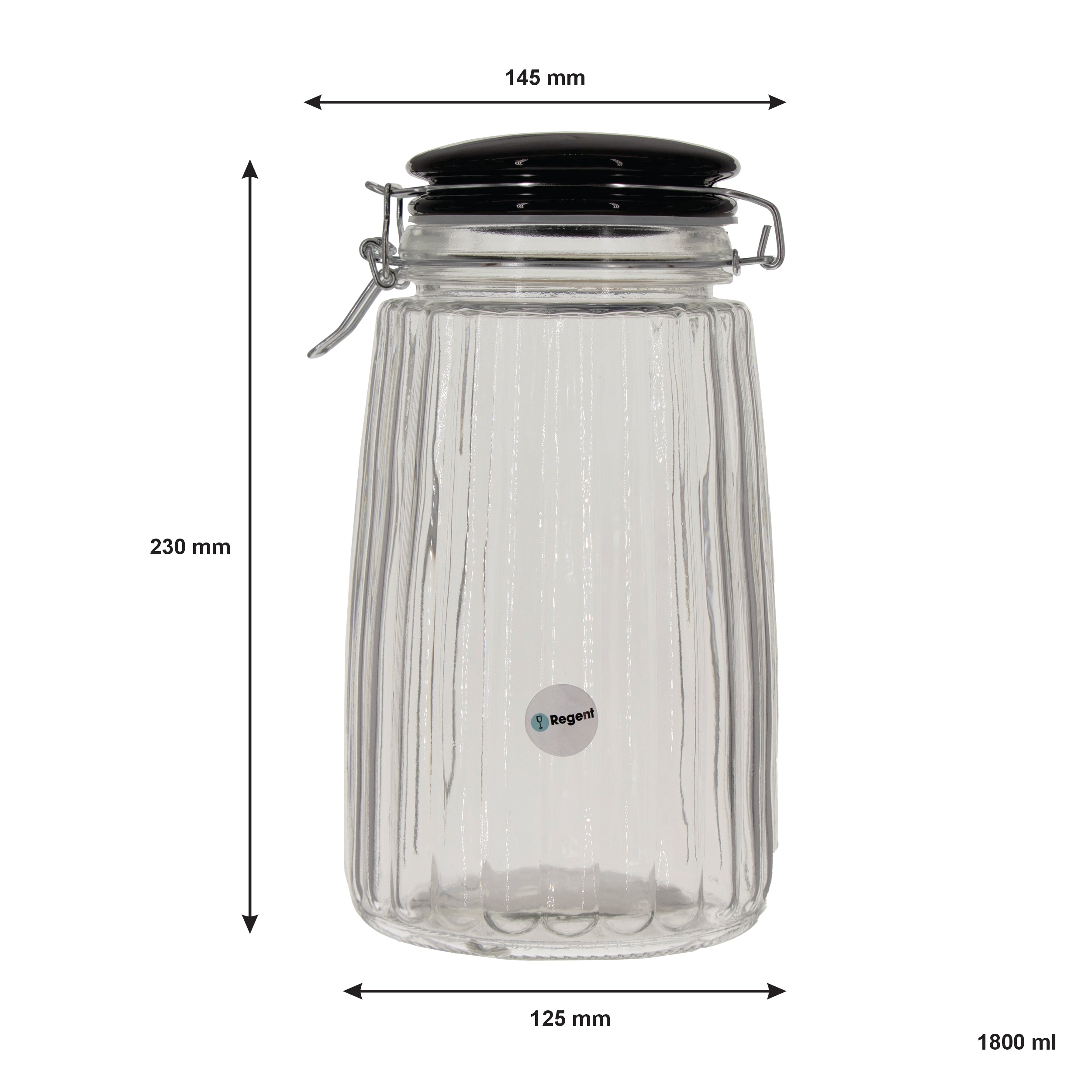 REGENT RIBBED HERMETIC GLASS CANISTER WITH BLACK CERAMIC LID AND METAL CLIP, 1.8L
