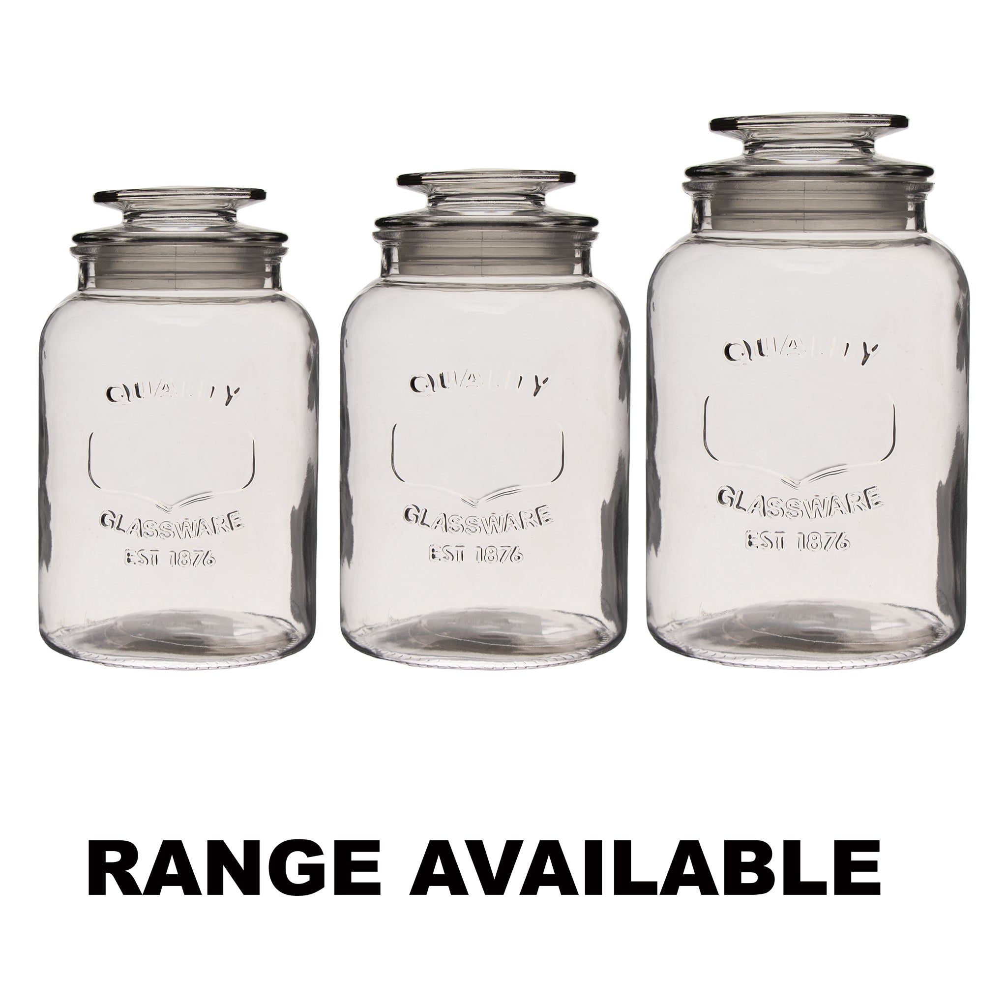 REGENT ROUND CANISTER `QUALITY` EMBOSSED WITH GLASS LID, 1,2L