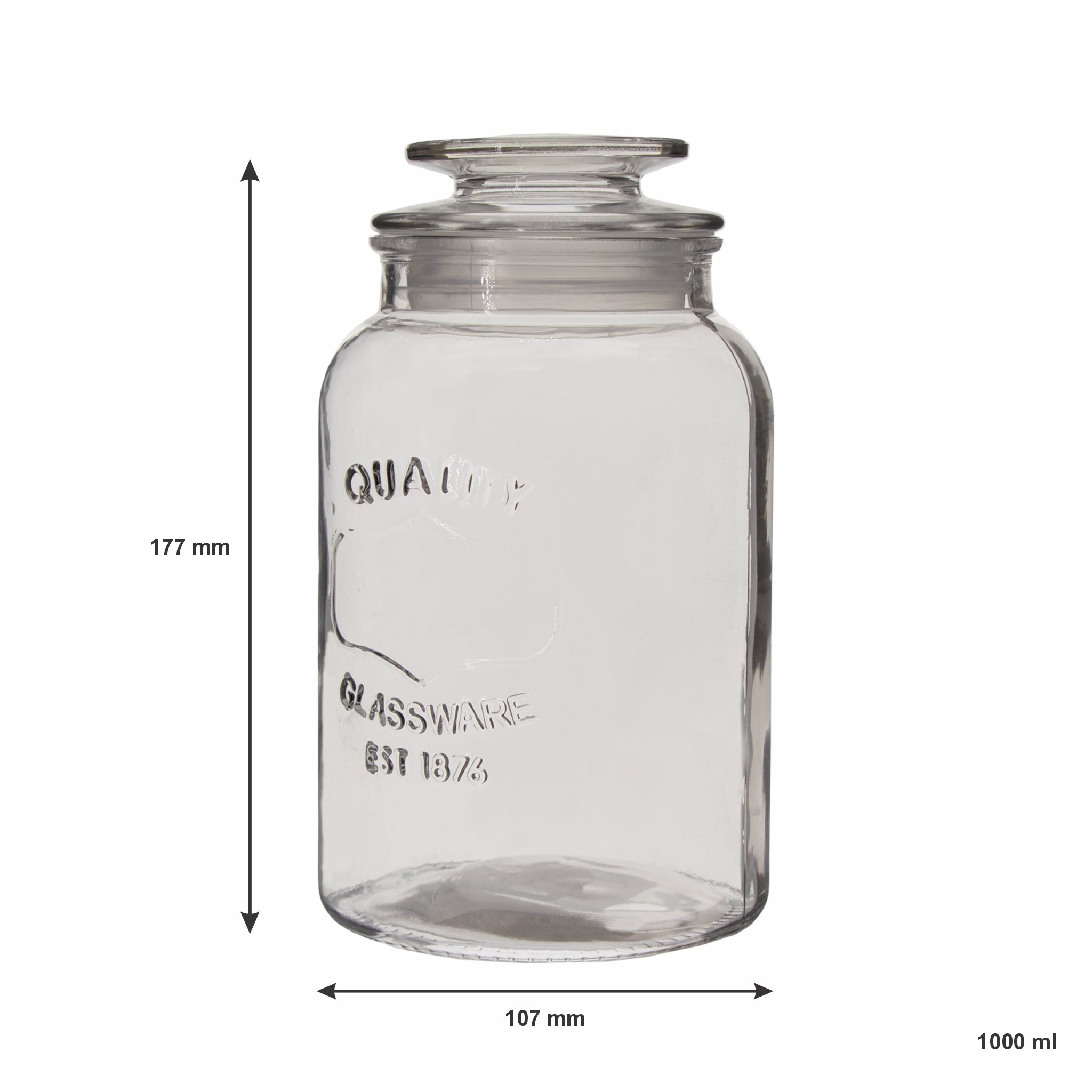 REGENT ROUND CANISTER `QUALITY` EMBOSSED WITH GLASS LID, 1L