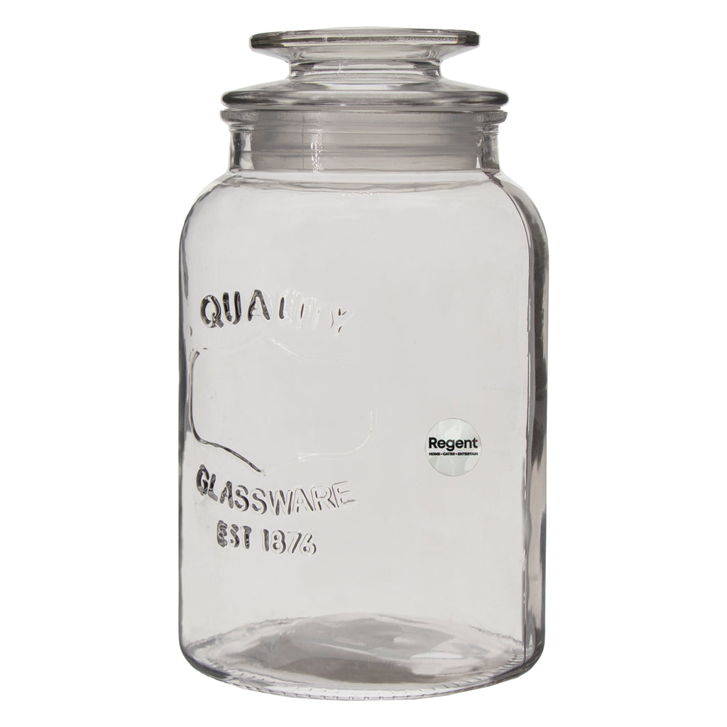 REGENT ROUND CANISTER `QUALITY` EMBOSSED WITH GLASS LID, 1L