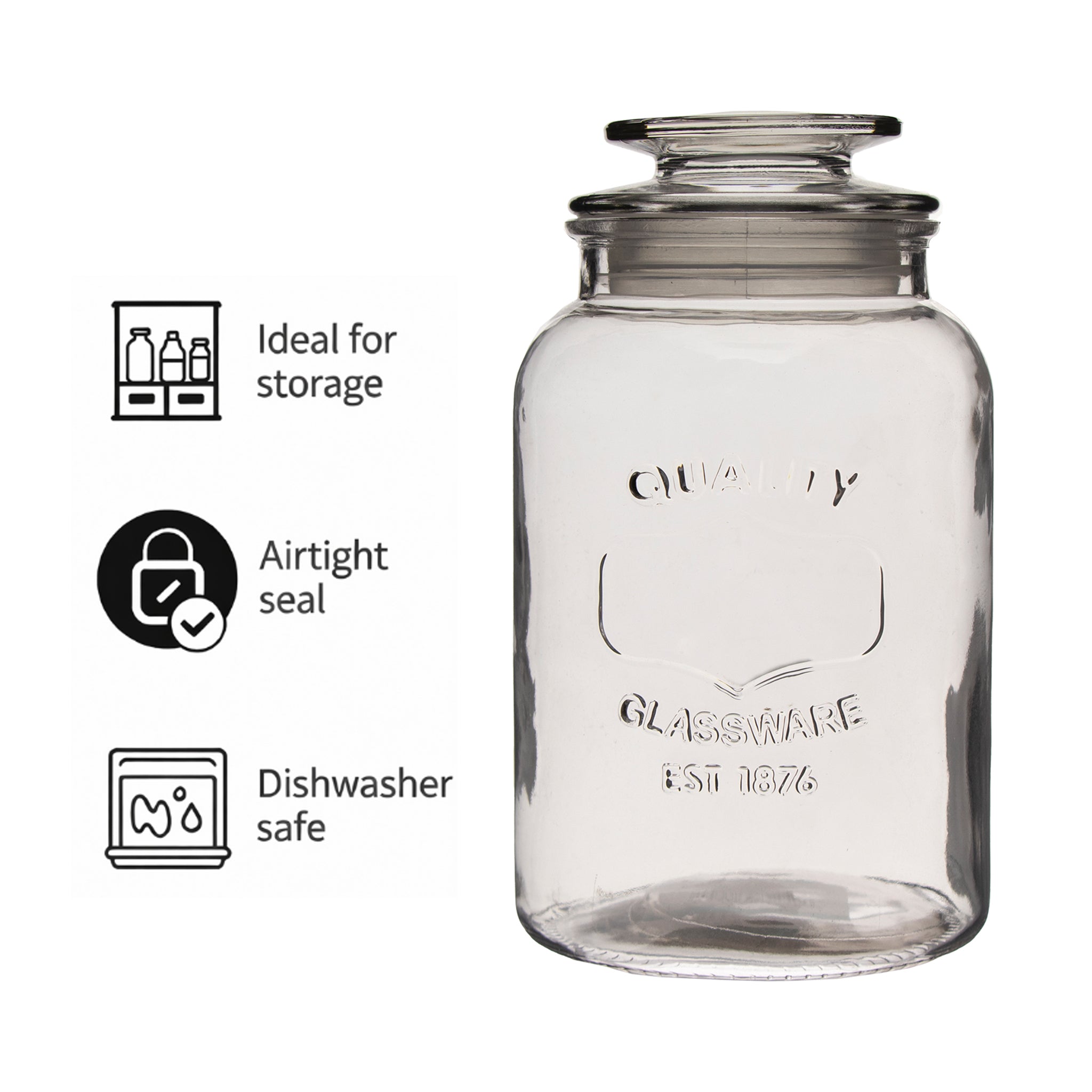 REGENT ROUND CANISTER `QUALITY` EMBOSSED WITH GLASS LID, 1,2L