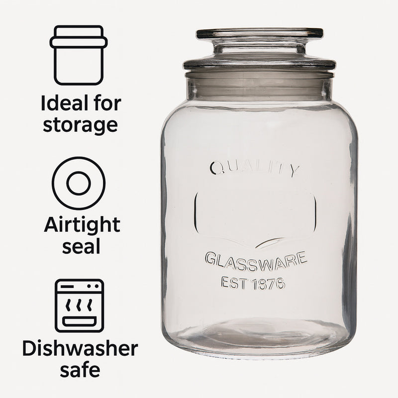 REGENT ROUND CANISTER `QUALITY` EMBOSSED WITH GLASS LID, 1,2L