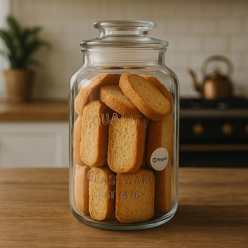 REGENT ROUND CANISTER `QUALITY` EMBOSSED WITH GLASS LID, 1,2L