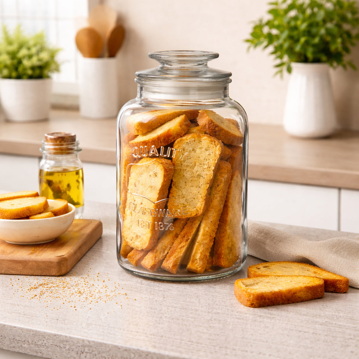 REGENT ROUND CANISTER `QUALITY` EMBOSSED WITH GLASS LID, 1,2L
