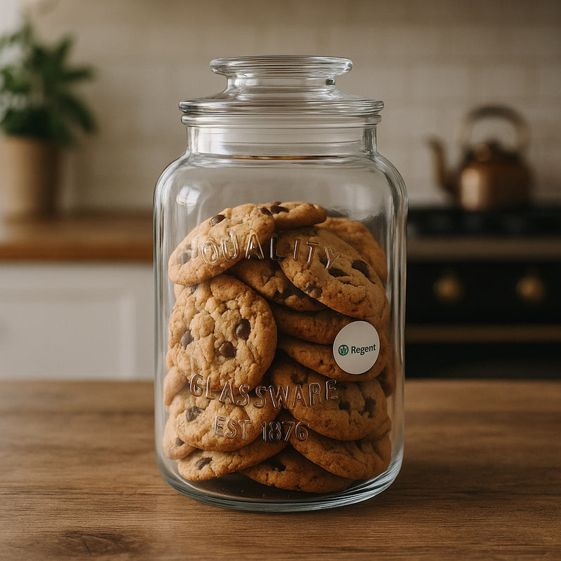 REGENT ROUND CANISTER `QUALITY` EMBOSSED WITH GLASS LID, 1,2L