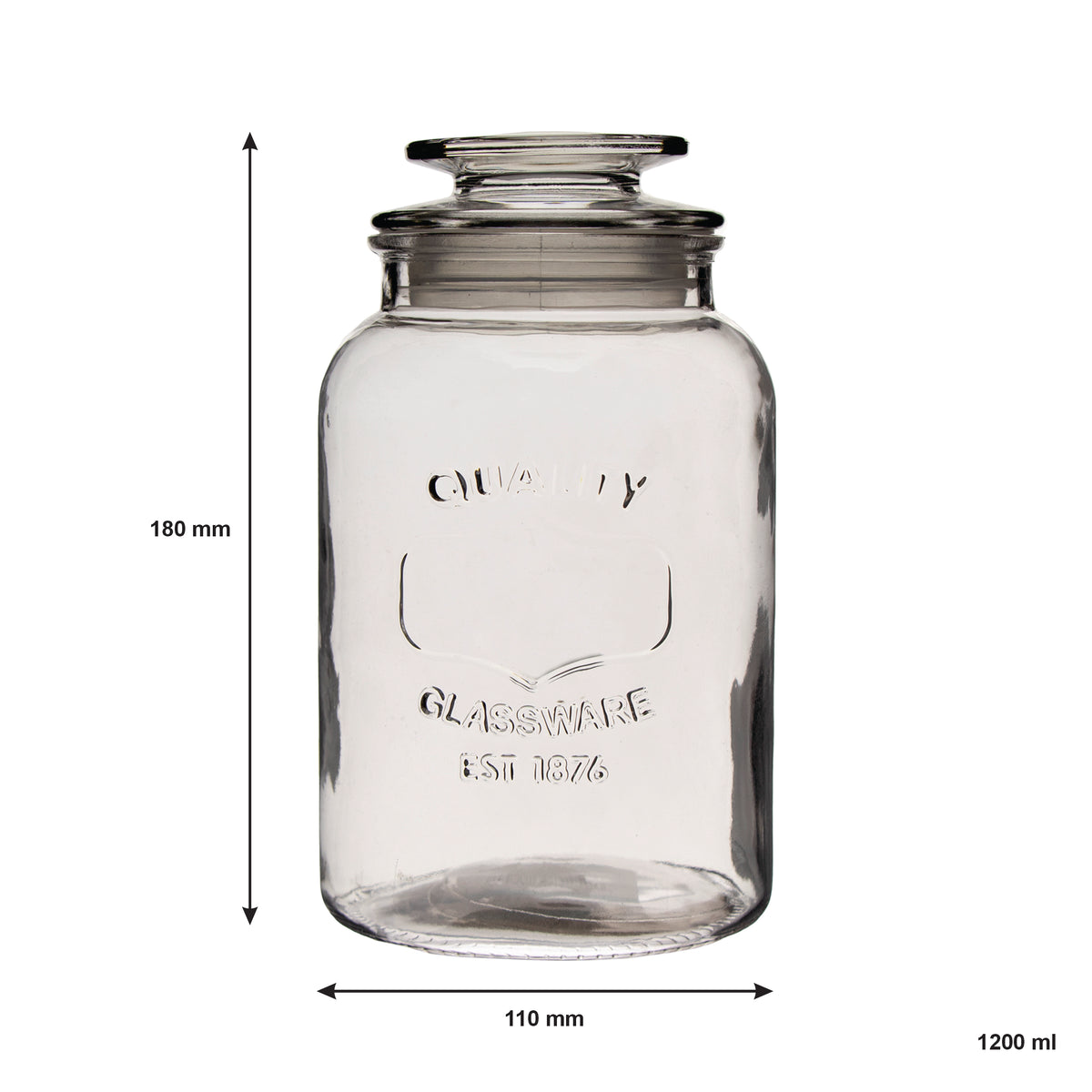 REGENT ROUND CANISTER `QUALITY` EMBOSSED WITH GLASS LID, 1,2L
