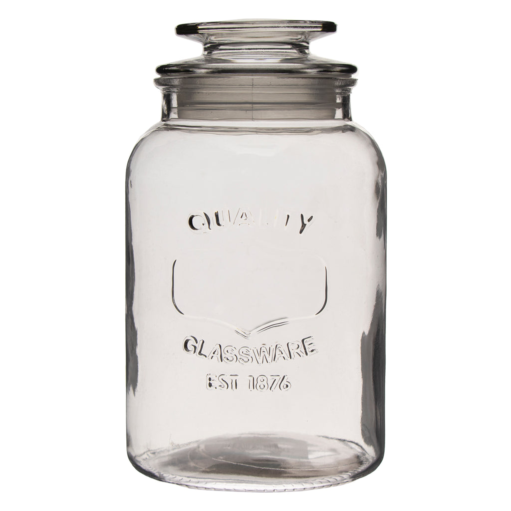 REGENT ROUND CANISTER `QUALITY` EMBOSSED WITH GLASS LID, 1,2L