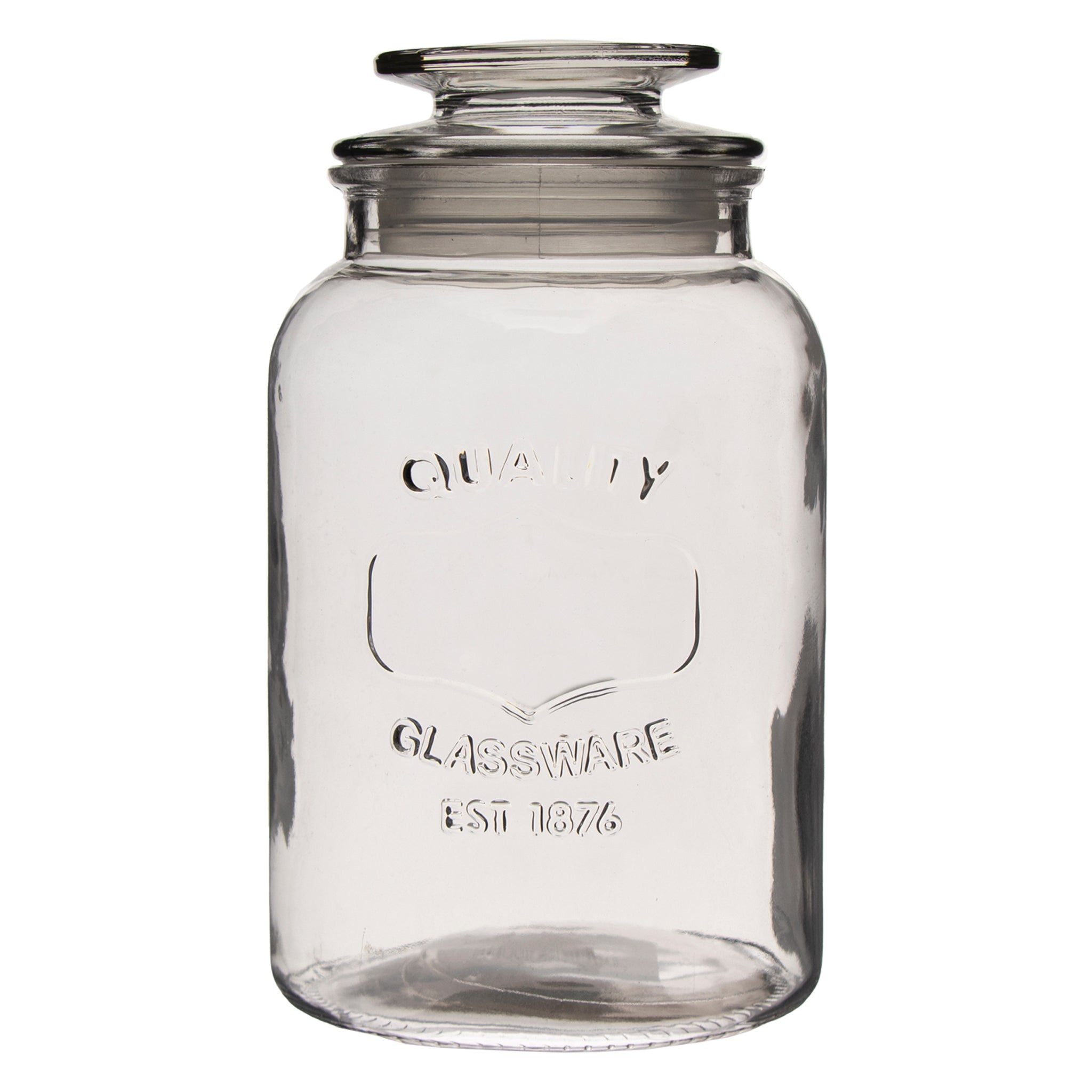REGENT ROUND CANISTER `QUALITY` EMBOSSED WITH GLASS LID, 1,2L