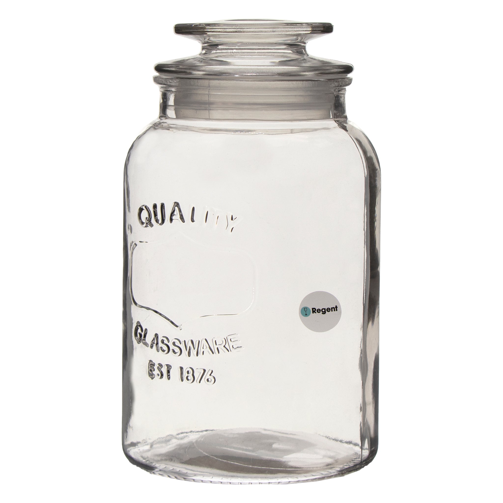 REGENT ROUND CANISTER `QUALITY` EMBOSSED WITH GLASS LID, 1,2L