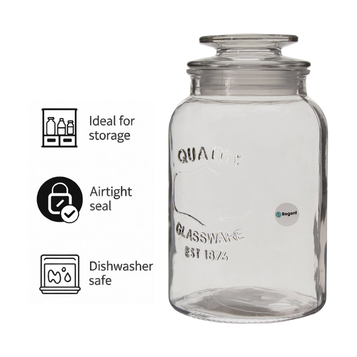 REGENT ROUND CANISTER `QUALITY` EMBOSSED WITH GLASS LID, 1,5L