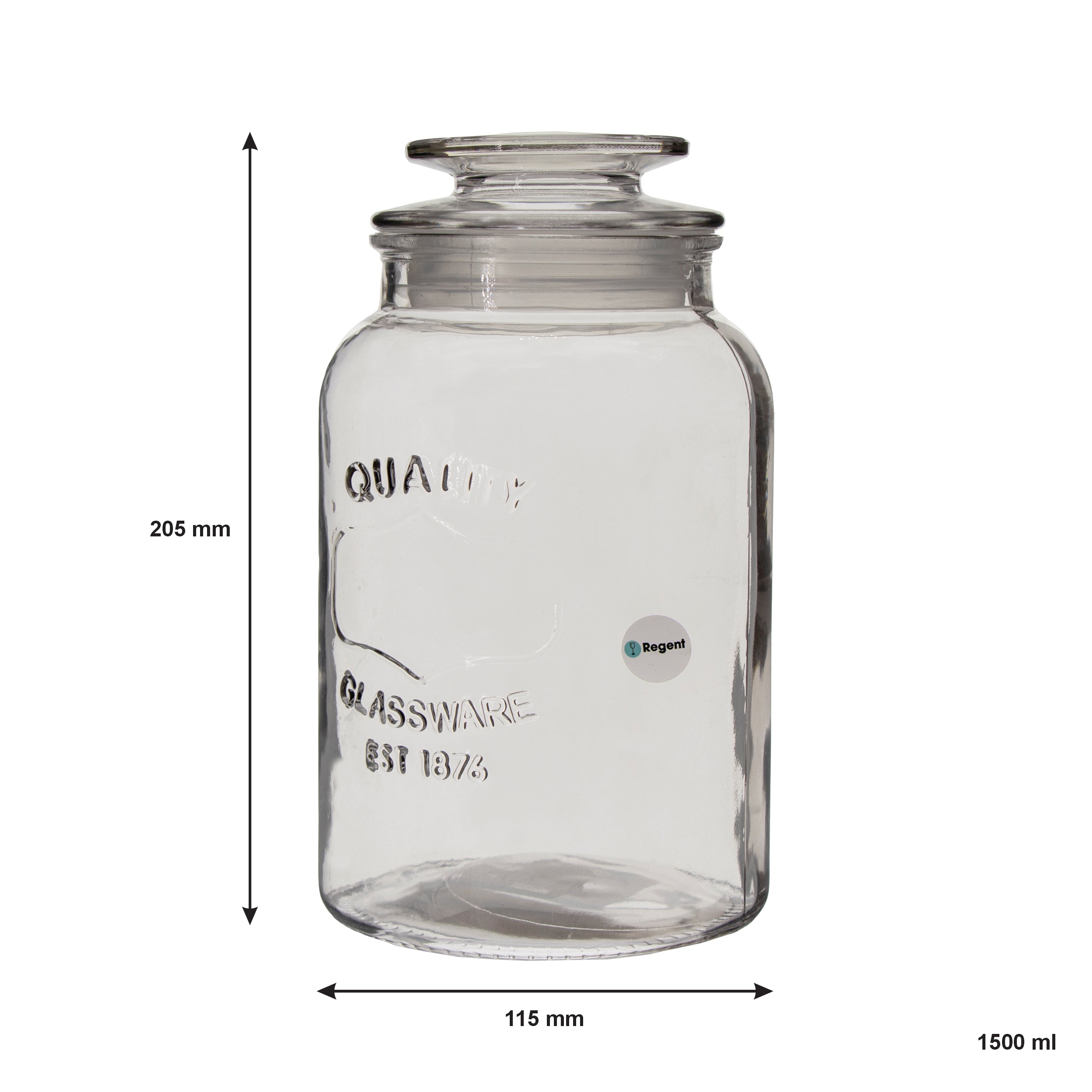 REGENT ROUND CANISTER `QUALITY` EMBOSSED WITH GLASS LID, 1,5L