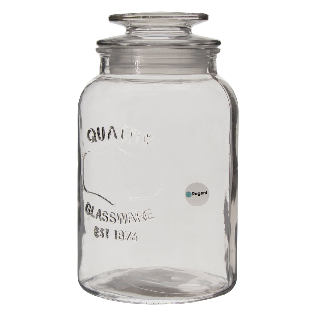 REGENT ROUND CANISTER `QUALITY` EMBOSSED WITH GLASS LID, 1,5L