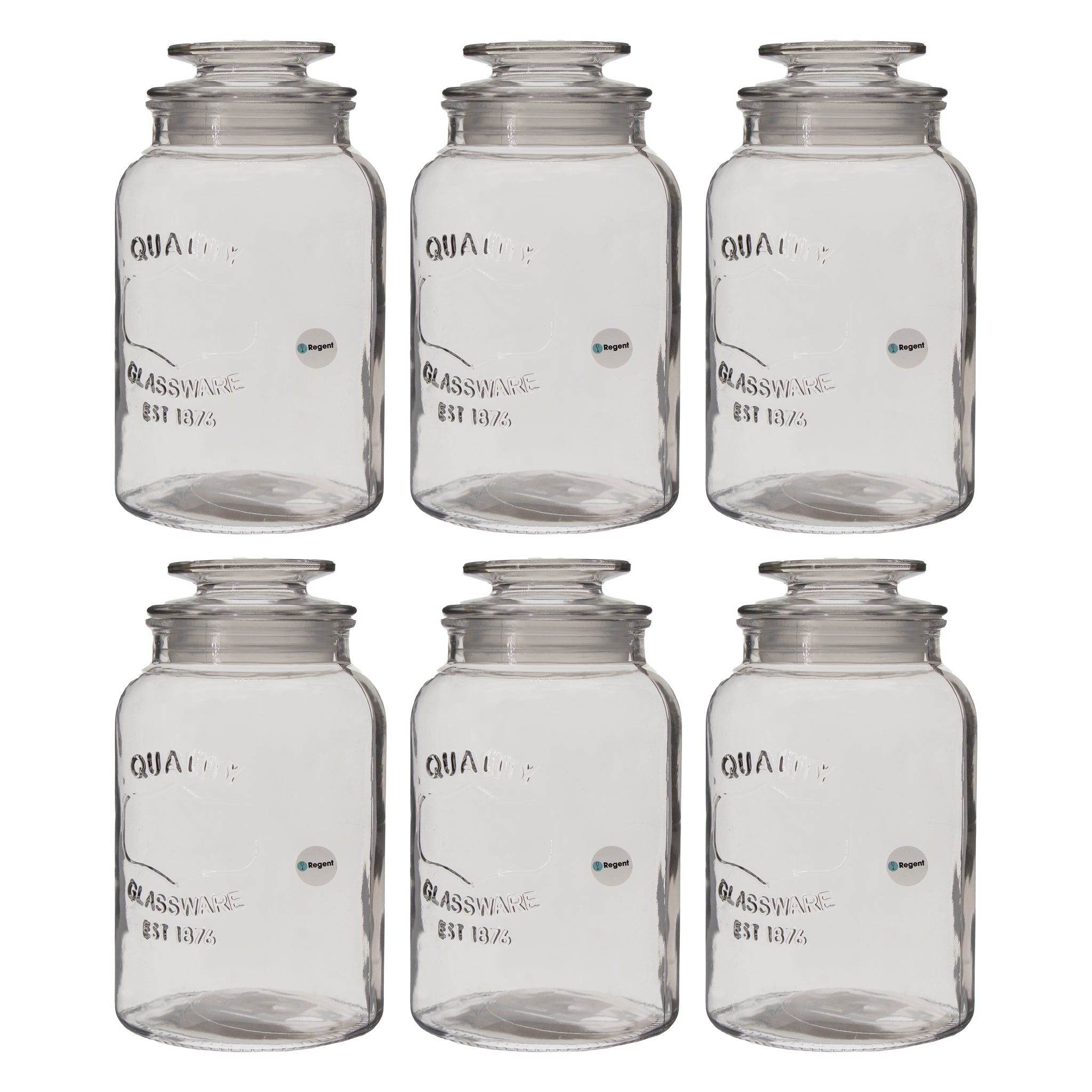 REGENT ROUND CANISTER `QUALITY` EMBOSSED WITH GLASS LID, 1,5L