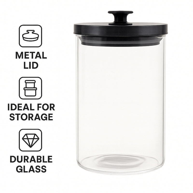REGENT ROUND BOROCILICATE GLASS CANISTER WITH METAL LID AND BLACK KNOB, 950ML
