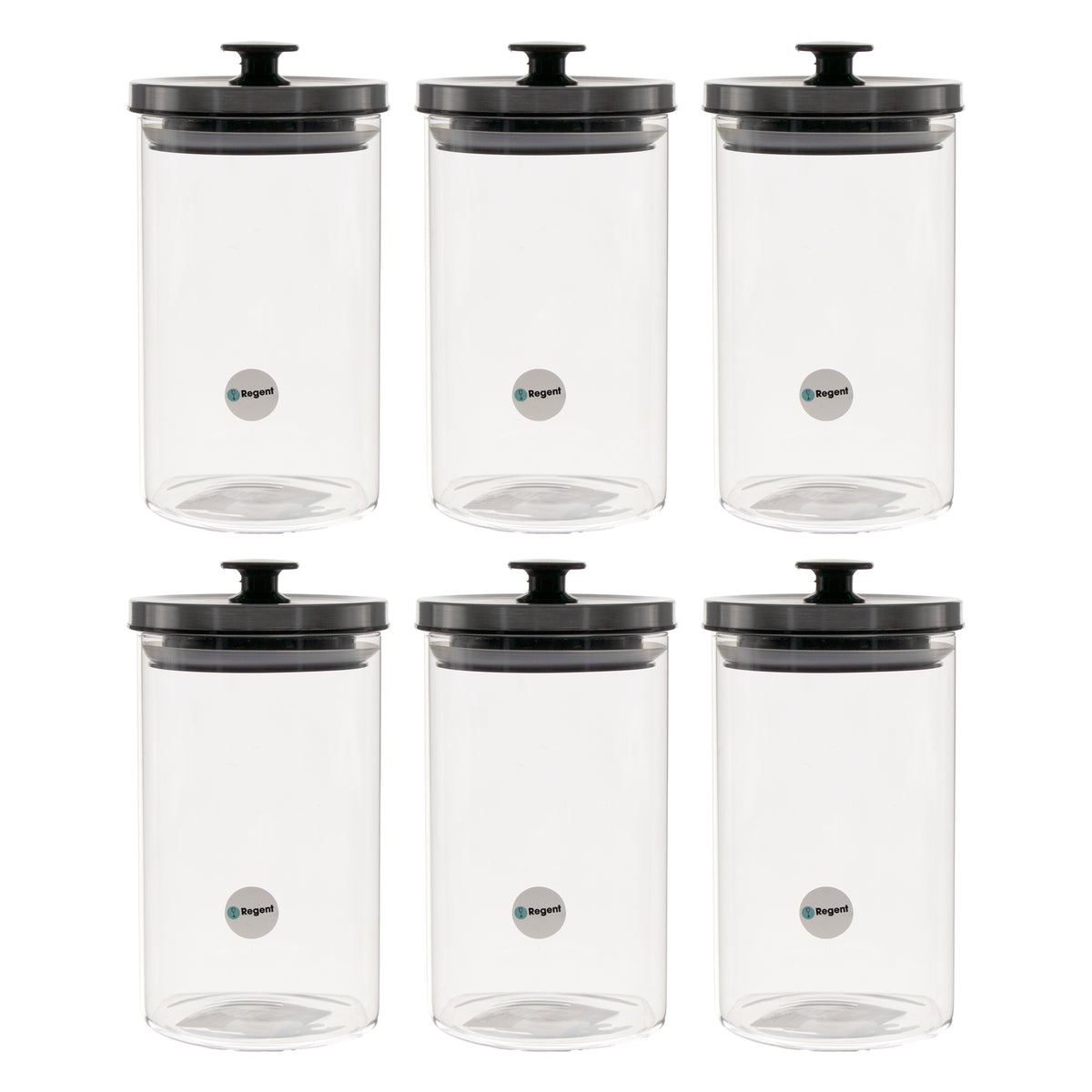 REGENT ROUND BOROCILICATE GLASS CANISTER WITH METAL LID AND BLACK KNOB, 950ML