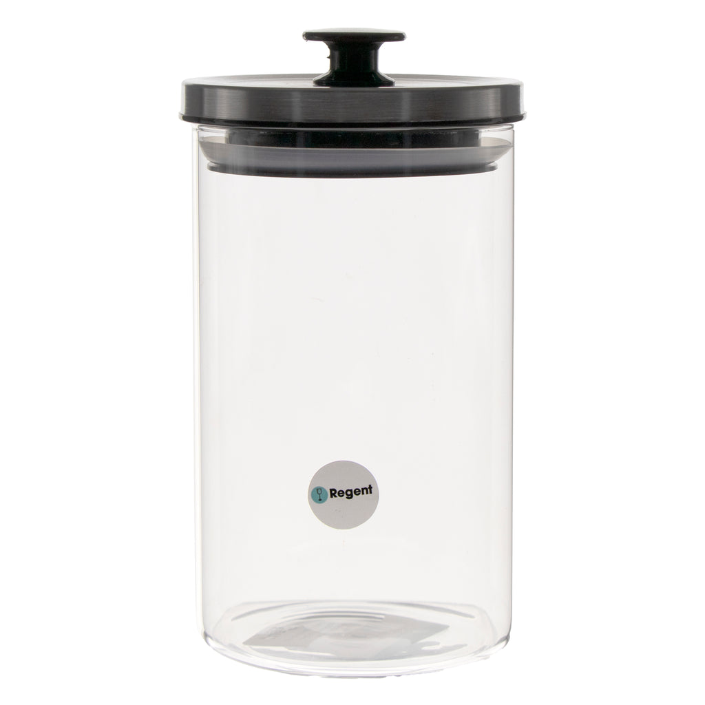 REGENT ROUND BOROCILICATE GLASS CANISTER WITH METAL LID AND BLACK KNOB, 950ML