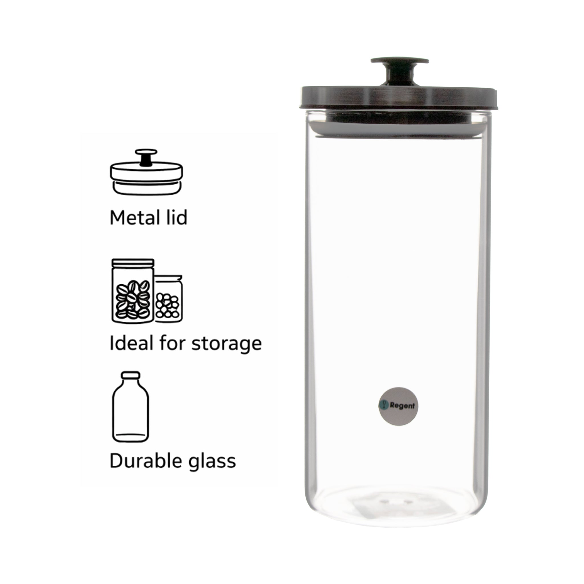REGENT ROUND BOROCILICATE GLASS CANISTER WITH METAL LID AND BLACK KNOB, 1.3L