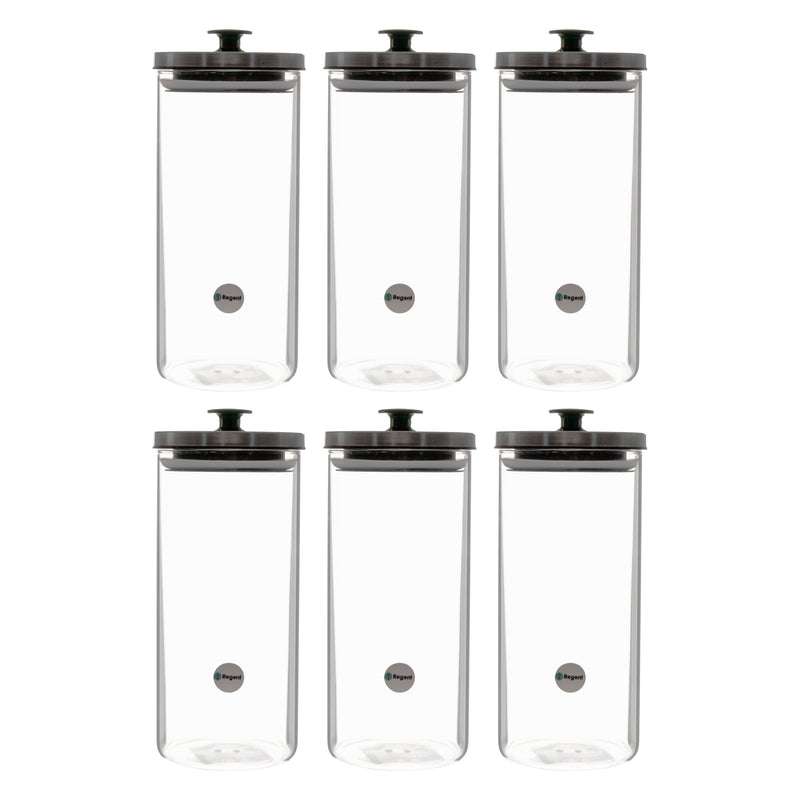 REGENT ROUND BOROCILICATE GLASS CANISTER WITH METAL LID AND BLACK KNOB, 1.3LT (230X100MM DIA)