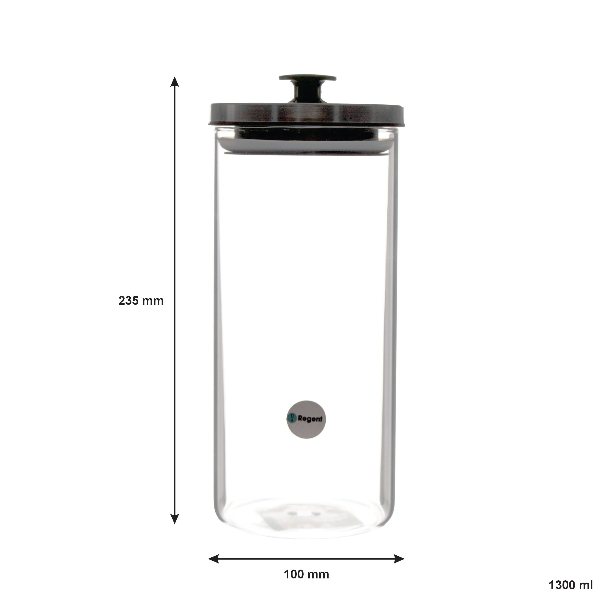 REGENT ROUND BOROCILICATE GLASS CANISTER WITH METAL LID AND BLACK KNOB, 1.3L