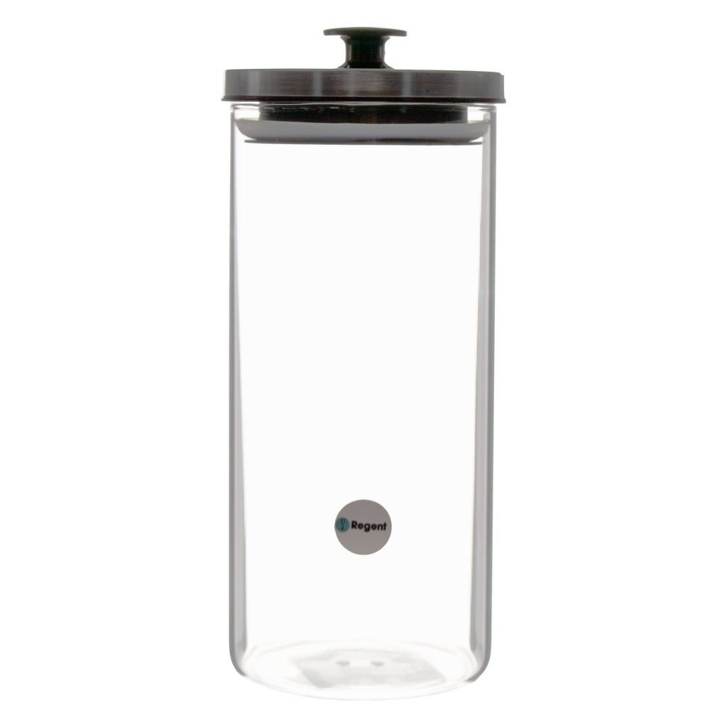 REGENT ROUND BOROCILICATE GLASS CANISTER WITH METAL LID AND BLACK KNOB, 1.3L
