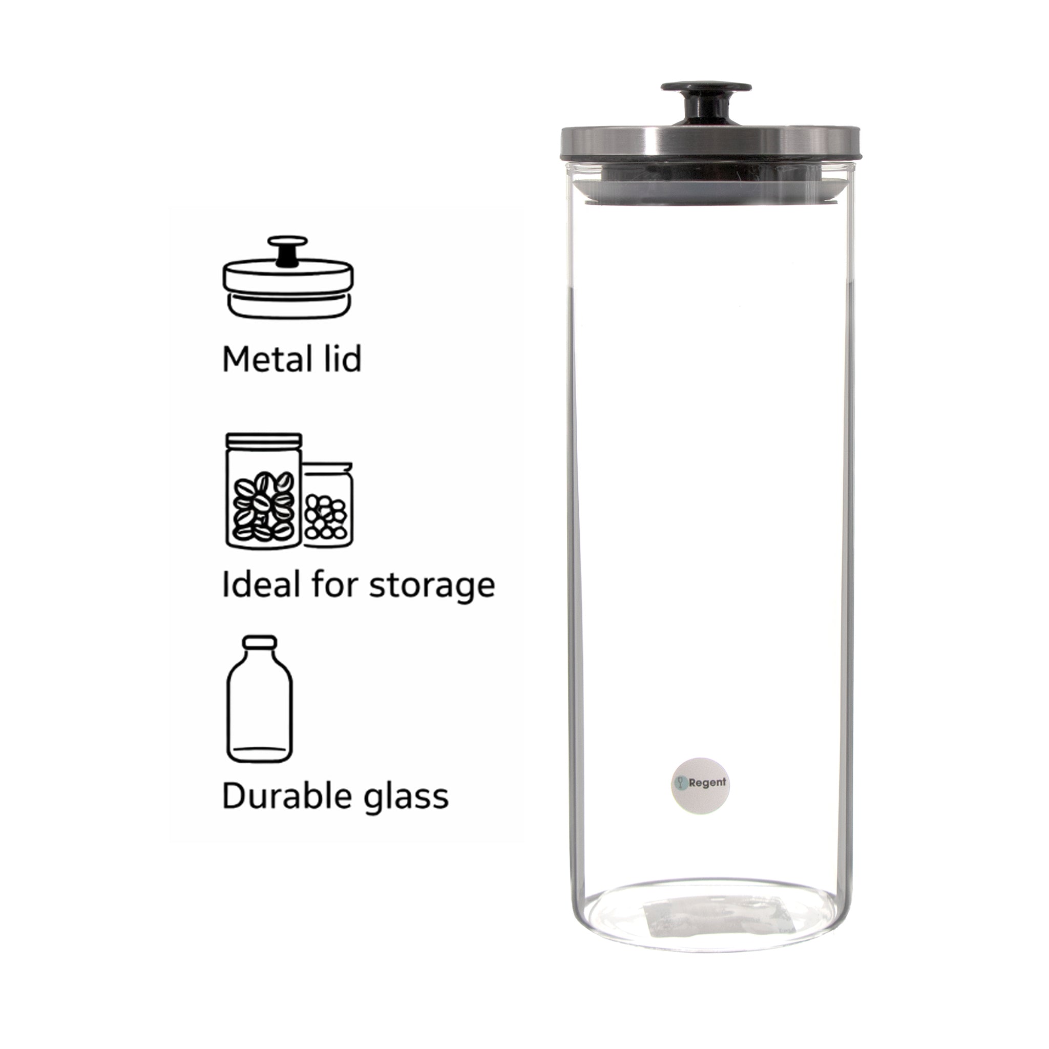 REGENT ROUND BOROCILICATE GLASS CANISTER WITH METAL LID AND BLACK KNOB, 1,7L